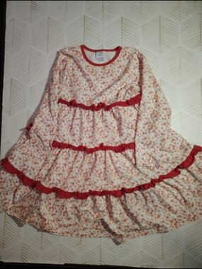 Stitchy Fish Girls Floral Tiered Ruffle Dress Long Sleeve Boutique Red Orange